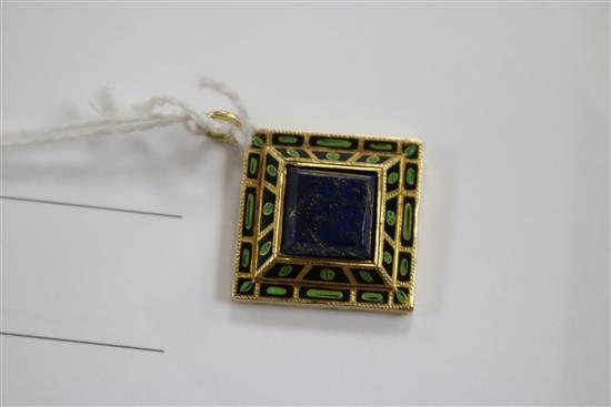 A yellow metal, lapis lazuli and two colour enamel locket pendant, 25mm.